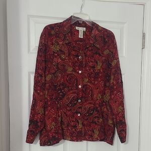 Evan Picone Red Paisley Silk Blouse with Black and Gold Accents